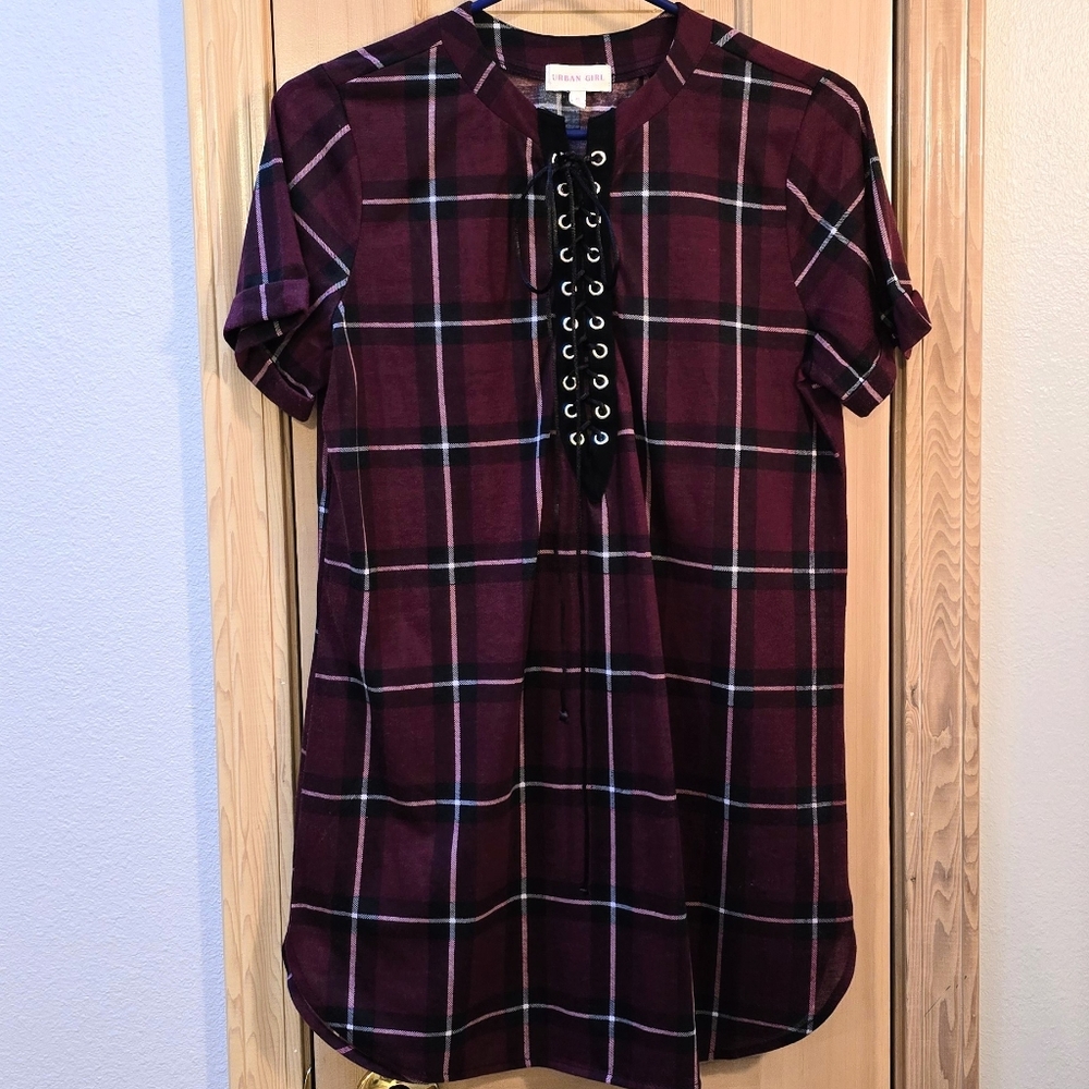 URBAN GIRL Top XL Black Wine Plaid Short Sleeve Lace-Up Front Women's